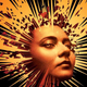 A black-and-gold illustration of a woman's face surrounded by spiky points, as if the world is smashing around her.